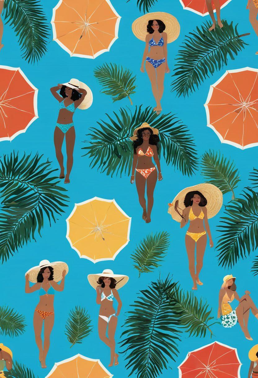 A sunny beach scene featuring a diverse group of stylish individuals flaunting affordable and chic summer attire, such as vibrant swimsuits, flowy sarongs, and trendy hats. Include beach umbrellas, palm trees, and colorful beach towels to enhance the summery vibe. Capture the energy and joy of a carefree summer day, with a clear blue sky and sparkling ocean backdrop. super-realistic. vibrant colors. tropical theme.