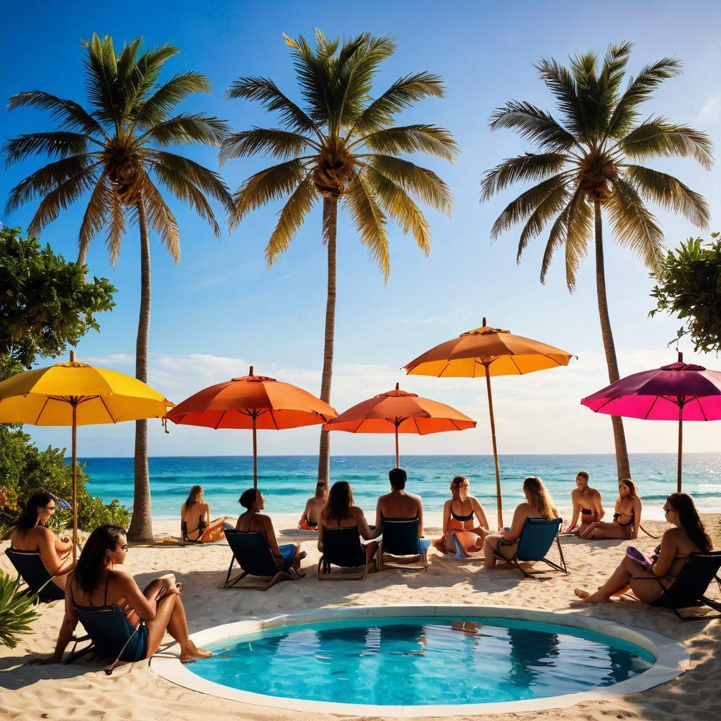 A vibrant beach scene featuring diverse individuals of all shapes and sizes confidently showcasing trendy swimwear styles. Include colorful umbrellas and beach towels, capturing a sense of joy and body positivity. The sun sets in the background, casting a warm glow, while splashes of water and laughter fill the air. Enhance the scene with tropical plants and a clear blue sky, symbolizing summer fun. super-realistic. vibrant colors. beach vibe.