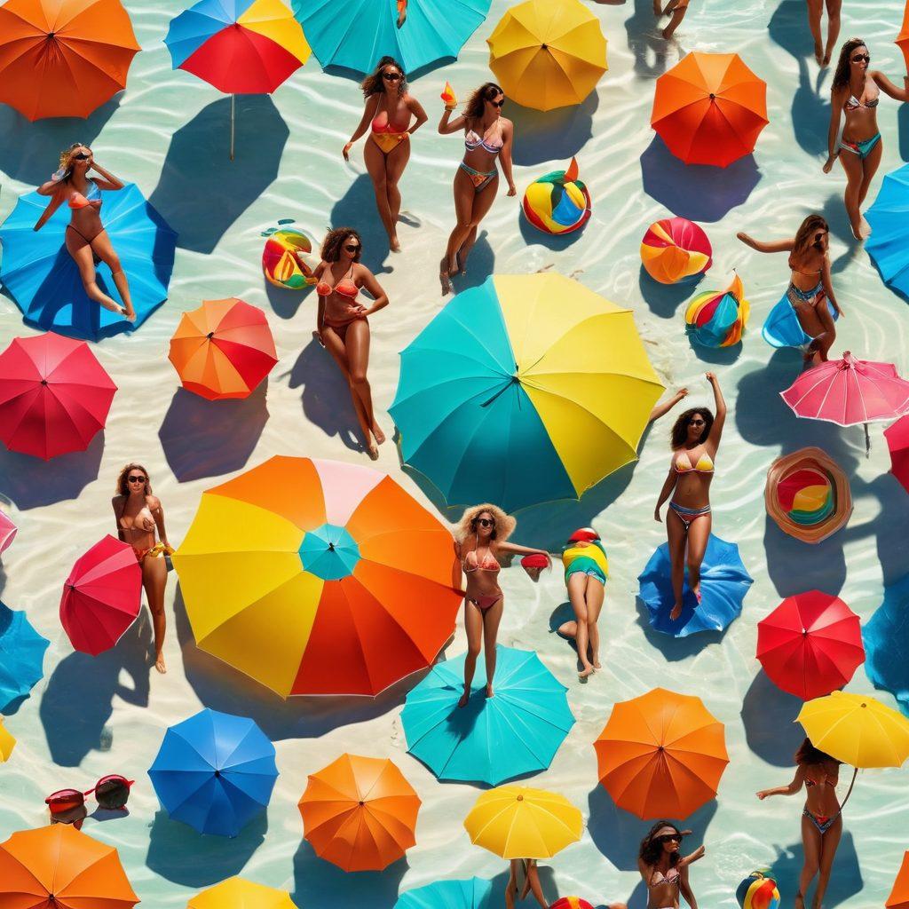 A vibrant beach scene featuring diverse models of various body shapes and sizes flaunting trendy summer swimwear, surrounded by colorful beach umbrellas and sunbathers. The sun is shining bright, and the ocean waves create a lively backdrop. Include playful elements like beach balls and tropical cocktails for a fun atmosphere. super-realistic. vibrant colors. summer vibes.